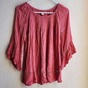 Westport 1962 Coral Scoop Neck Flared Sleeve Poet Blouse Size Small